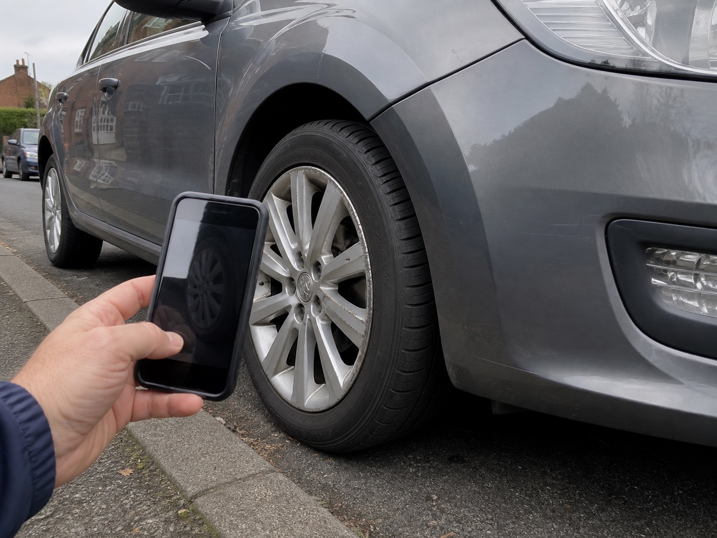 A driver photographing light kerb damage on an alloy wheel