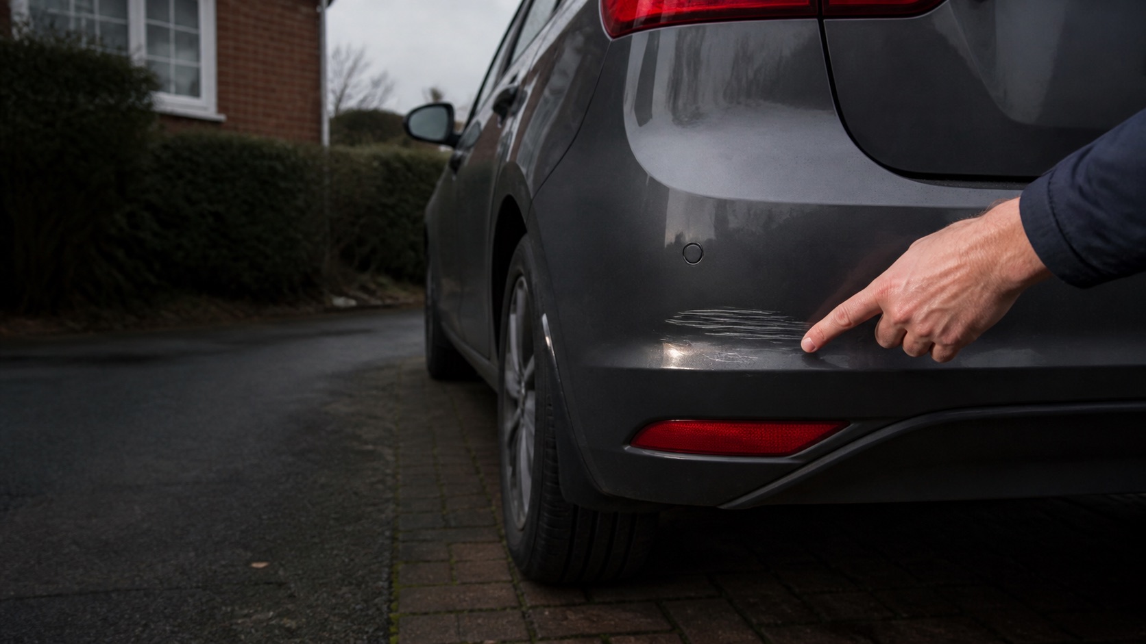 A driver checking a bumper scuff on an everyday car before return